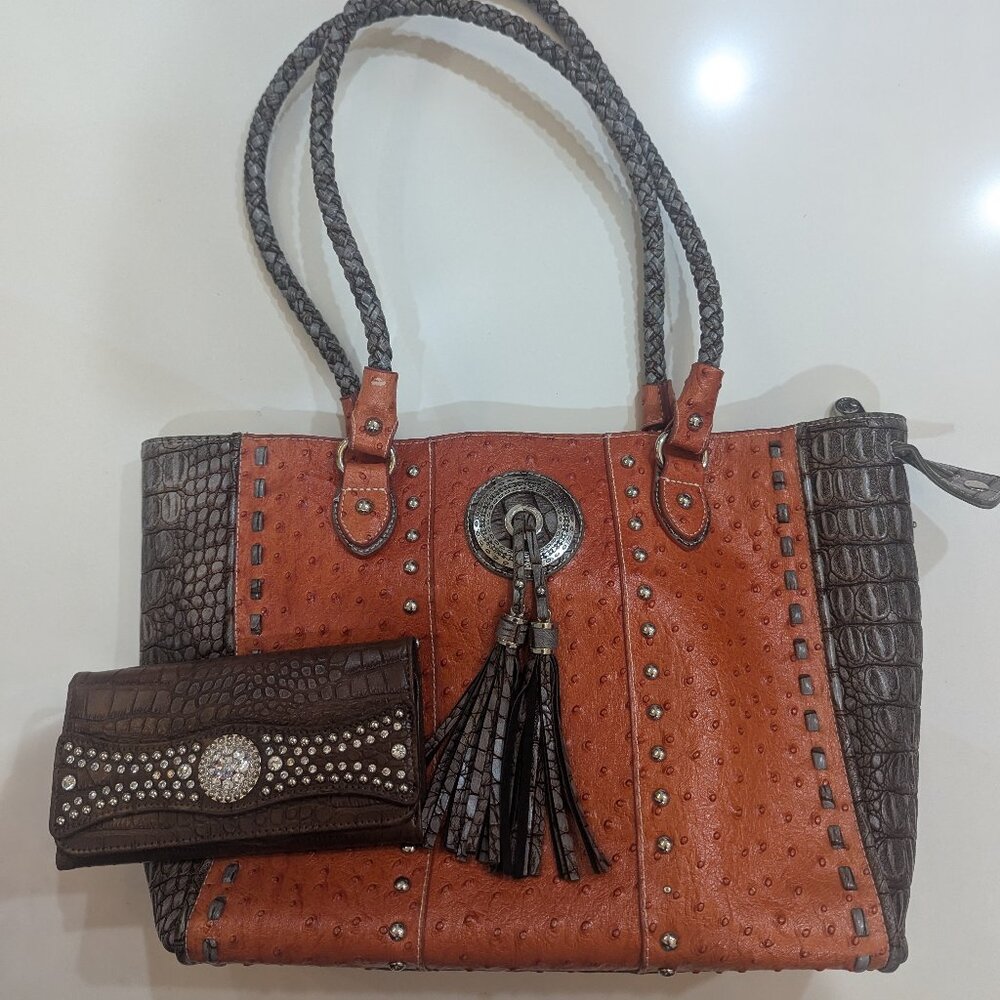Marc Chantal Genuine Leather Ostrich Embossed Tote & Unbranded Matching Wallet